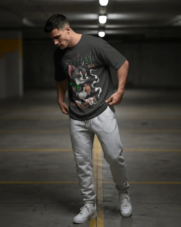 Men's Black Tom & Jerry Oversized T-Shirt